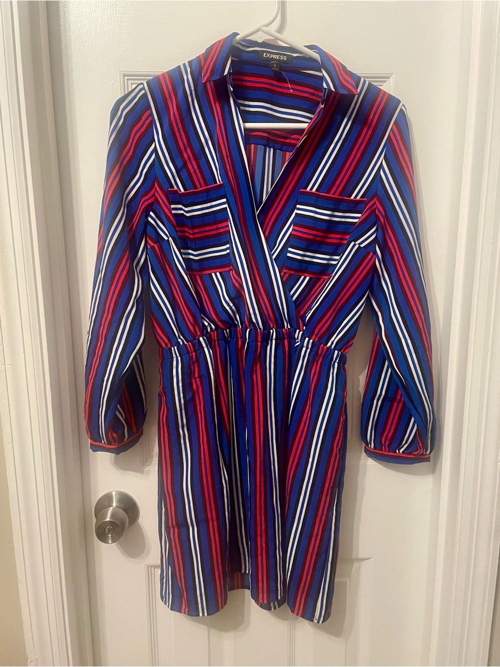 Express Bold Red, Blue, White & Black Striped Wrap-Style Dress